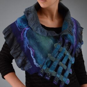A woman poses in a blue felt scarf.